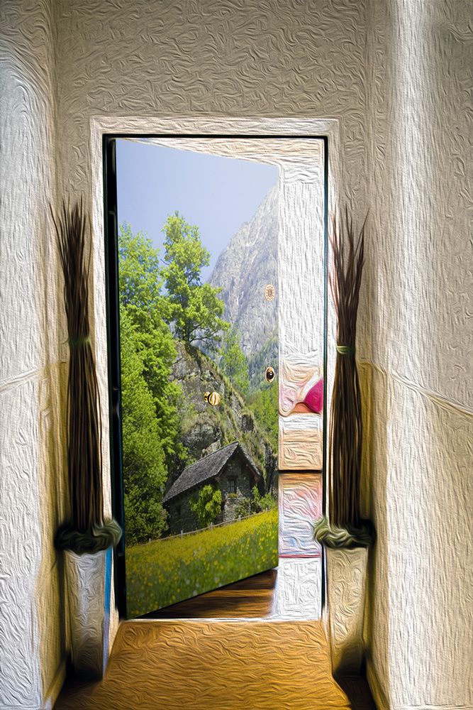 Виниловая наклейка на дверь - Дом в горах