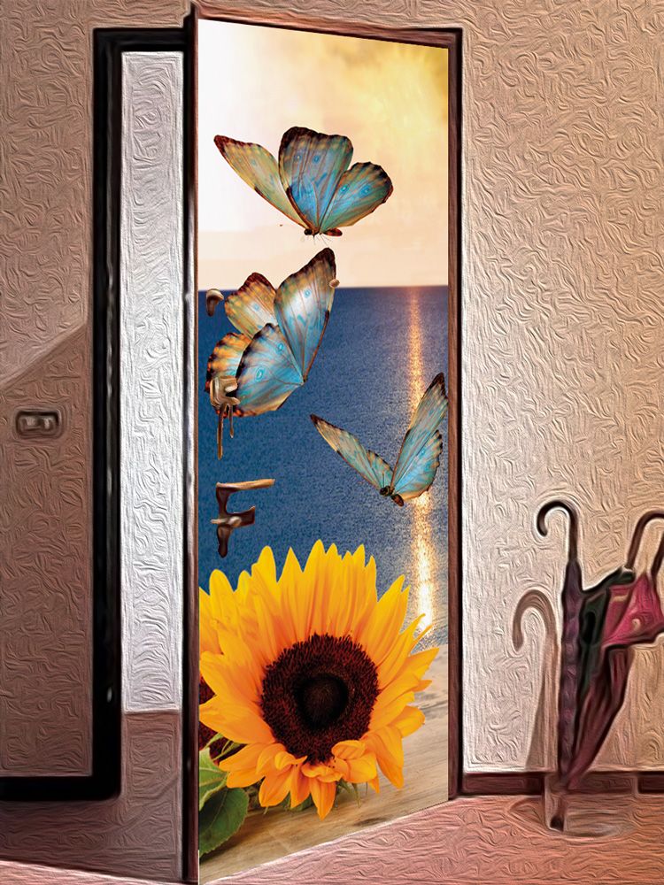 Виниловая наклейка на дверь - Бабочки и подсолнух